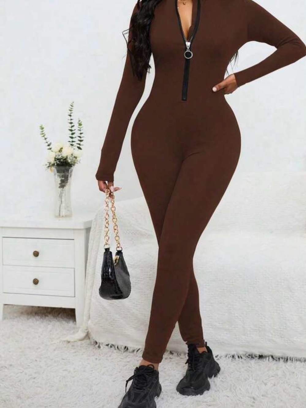 Brown Long-Sleeve Zip-Front Jumpsuit